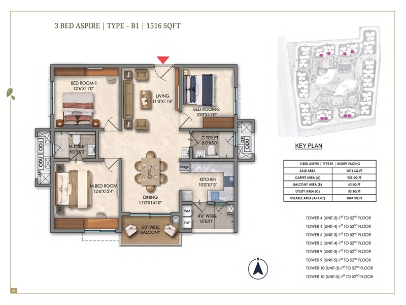 Prestige Golden Grove 3 BHK 1516 Sq Ft Floor Plan