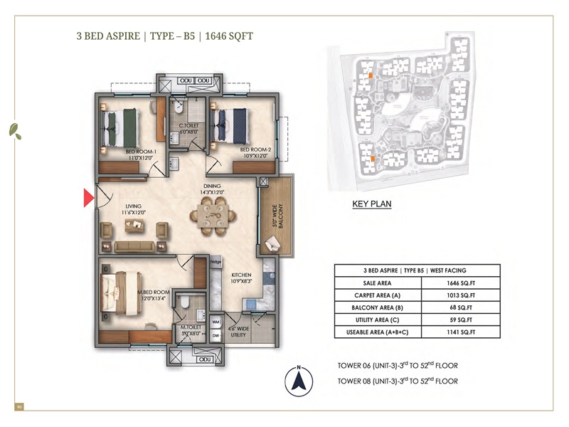 Prestige Golden Grove 3 BHK 1646 Sq Ft Floor Plan