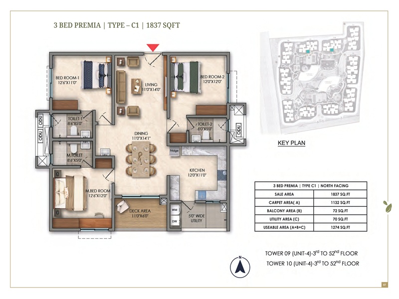 Prestige Golden Grove 3 BHK 1837 Sq Ft Floor Plan