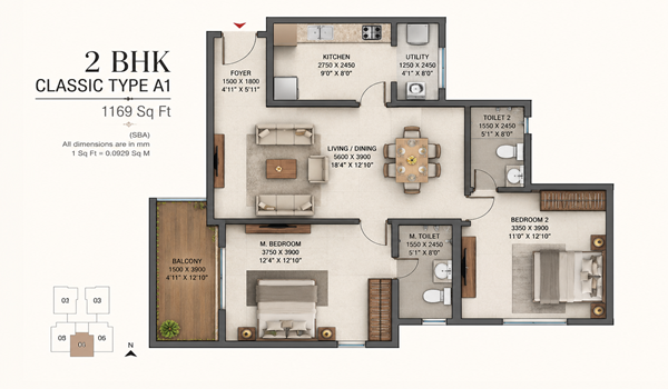 2 BHK Classic Type A1 1169 Sq Ft