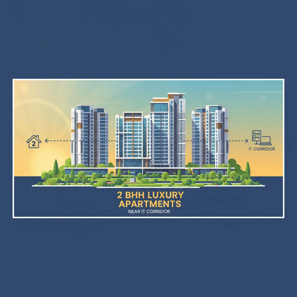 Modern residential high-rise apartment towers in Kokapet Hyderabad, premium gated community with green landscaping, contemporary architecture, golden hour lighting