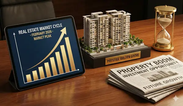 Infrastructure map of West Hyderabad in 2026 showing Prestige Golden Grove’s proximity to Neopolis, the Financial District, and the Tellapur link road.