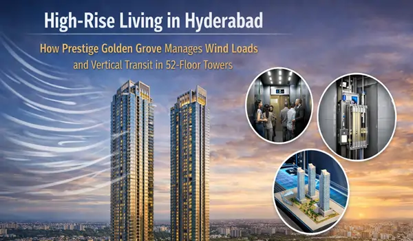 Realistic view of Prestige Golden Grove 52-floor luxury towers in Hyderabad, showcasing advanced wind load engineering and high-speed elevator systems for safe, modern high-rise living.