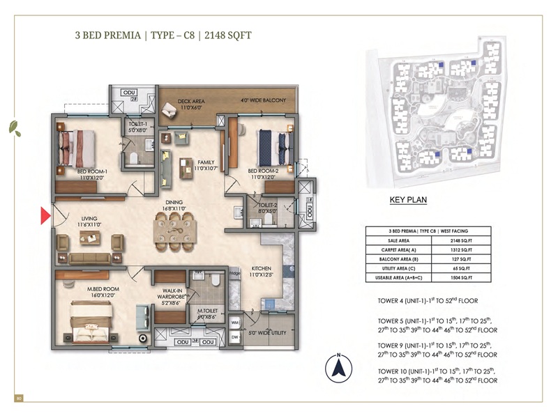 3 Bed Premia Type C8 2148 sq ft floor plan at Prestige Golden Grove showing bedrooms, family lounge, dining, and balcony layout