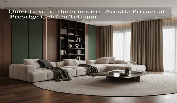 Modern luxury living room at Prestige Golden Grove featuring sound-absorbing wall panels, a plush modular sofa, and acoustic curtains for enhanced privacy.