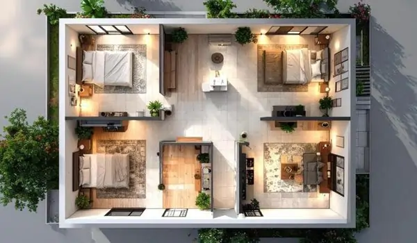 Apartment Floor Plan and Space Planning Illustration Top-down rendered view of an apartment floor plan showing room layout and space planning