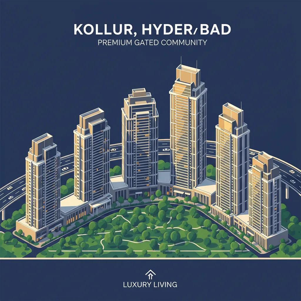 Modern luxury high-rise residential apartment towers in Kollur, Hyderabad with lush green central park and landscaped gardens