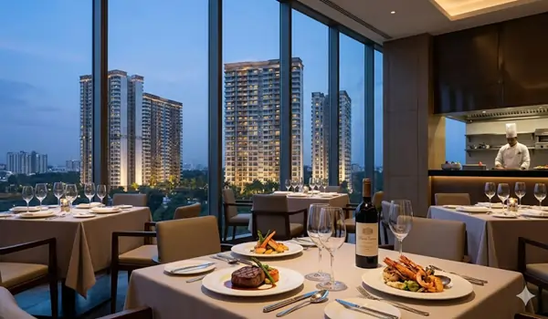 Fine dining restaurants near Prestige Golden Grove Velimela 2026 showing luxury rooftop bars in Neopolis cafes in Kollur and premium bistros in the Financial District Hyderabad.