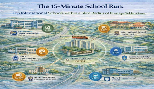 Modern campus of a top-rated international school located within a 15-minute drive of Prestige Golden Grove in Tellapur, Hyderabad