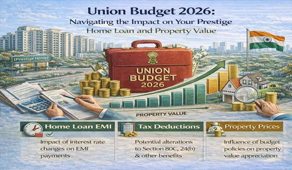 Infographic comparing home loan tax benefits under Section 24(b) and the impact of the 2026 Budget on long-term capital gains for Prestige home buyers