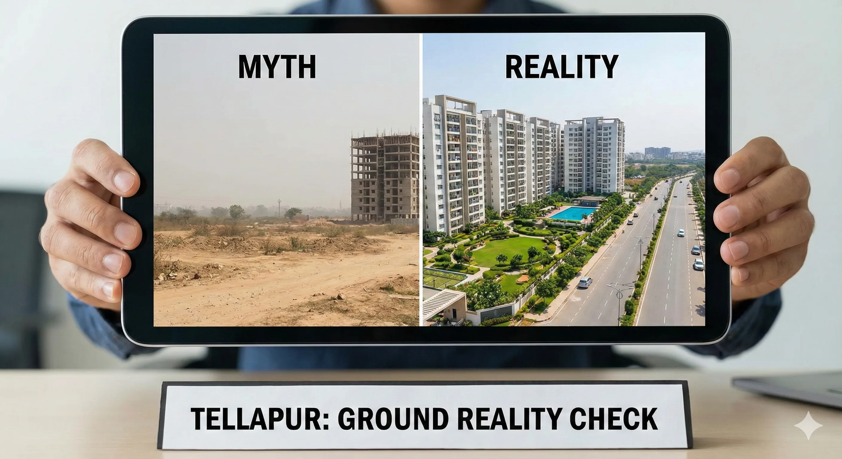 A futuristic digital illustration of a Hyderabad Metro train traveling on an elevated corridor through the skyline of Tellapur and Kollur, featuring modern high-rise apartments and green landscapes, symbolizing the 2026 infrastructure growth in West Hyderabad.