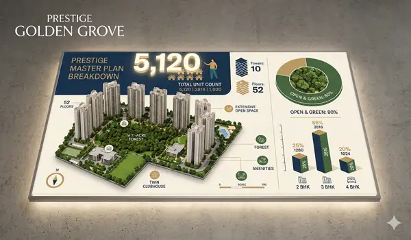 Prestige Golden Grove master plan infographic with scale, unit-mix breakdown, and area percentages illustrating how total project area is divided