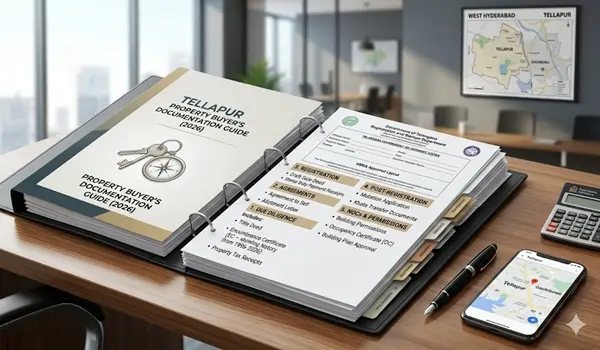 Mandatory legal documents for property purchase in Tellapur Hyderabad 2026 including sale deed encumbrance certificate RERA registration and HMDA approved building plans