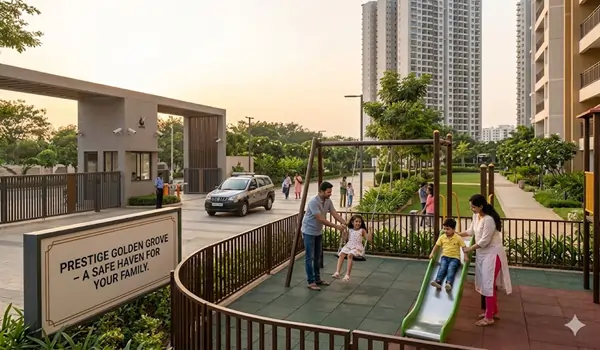 Security features at Prestige Golden Grove Tellapur 2026 showing 24/7 CCTV monitoring smart gate visitor management and vehicle-free play areas for children's safety