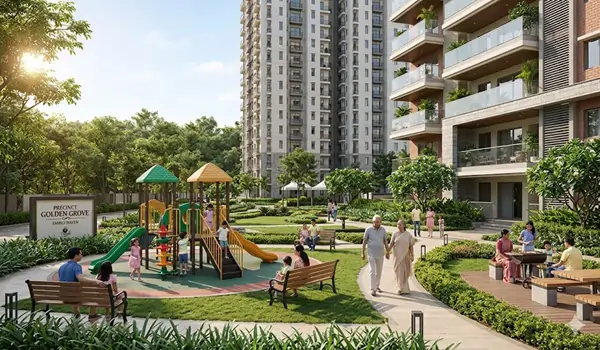 Family friendly amenities at Prestige Golden Grove Velimela 2026 featuring 11 acre central park kids play areas toddlers pool and 24-7 AI-powered security Hyderabad.