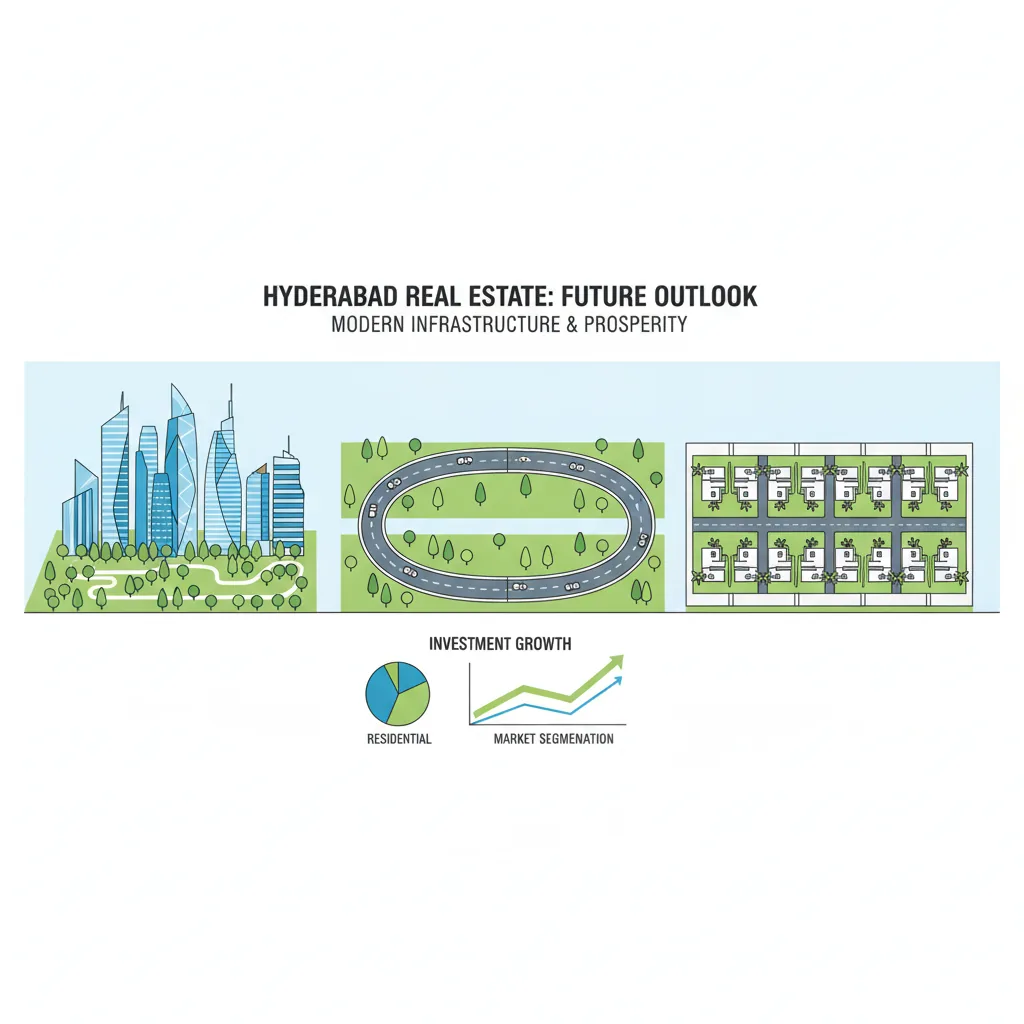 Future of Hyderabad Real Estate Market infographic with modern skyscrapers, green spaces, and investment growth charts