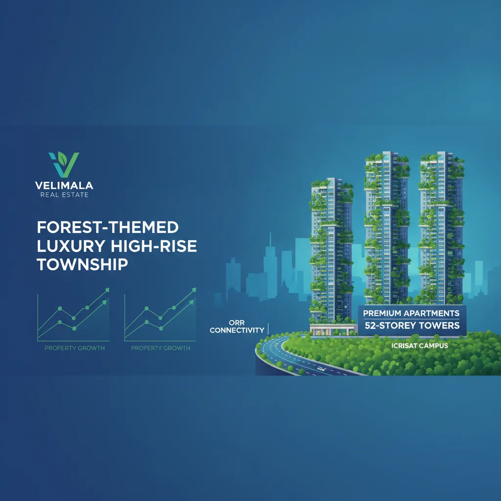 Infographic style visualization of luxury eco-friendly high-rise residential towers in Velimala West Hyderabad