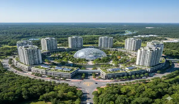 A futuristic architectural rendering of Golden Grove's sustainable residential buildings designed for 2030 living.