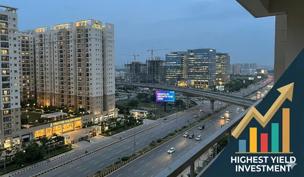 Architectural view of Prestige Golden Grove luxury apartments near the Neopolis Phase II expansion site in Hyderabad, 2026.