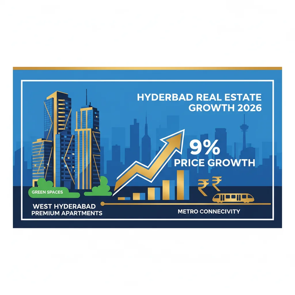 Hyderabad Real Estate 2026 Market - Modern infographic style hero image showing high-rise residential towers in West Hyderabad, city skyline with HITEC City and Financial District, 9% price growth indicators