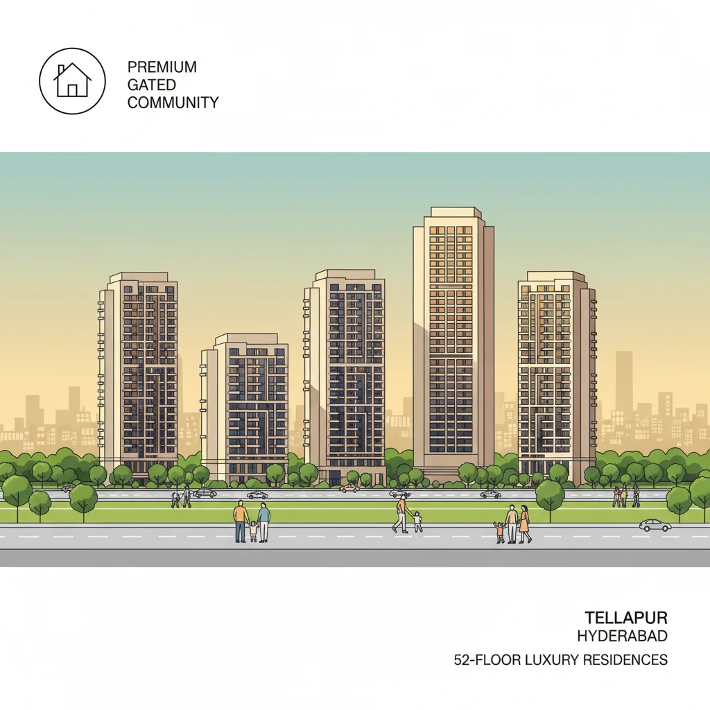 Modern luxury residential high-rise apartment towers in Tellapur Hyderabad, premium gated community with green parks and panoramic city views