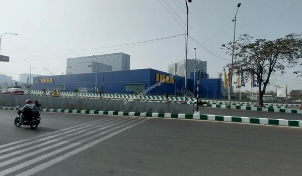 Wide street view of the iconic IKEA building in HITEC City providing a major shopping and lifestyle landmark near Prestige Golden Grove in Hyderabad
