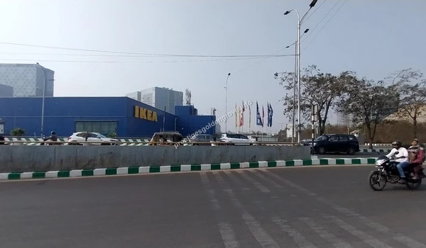 View of the IKEA Hyderabad premises including the iconic blue building and flagship store signage situated in the heart of the HITEC City IT corridor near Prestige Golden Grove