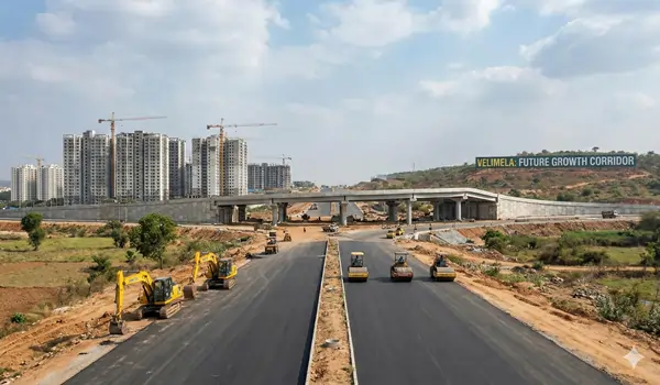 Infrastructure developments in Velimela including ORR Exit 2, Metro Phase 2 plans, and wide roads driving real estate growth in 2026.
