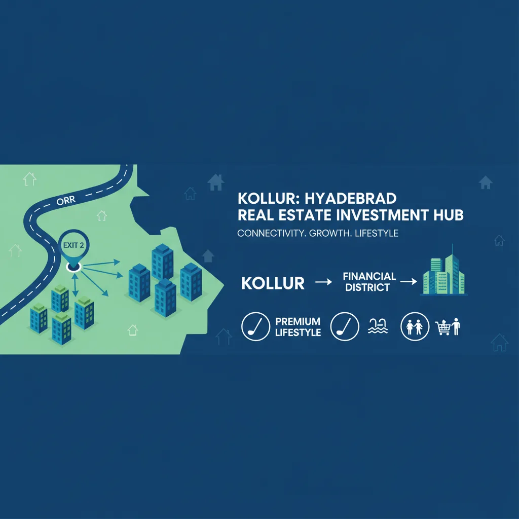Is It Worth Investing in Kollur Hyderabad - Modern real estate investment infographic showing Kollur Hyderabad location map with ORR Exit 2 connectivity, apartment buildings, Financial District proximity