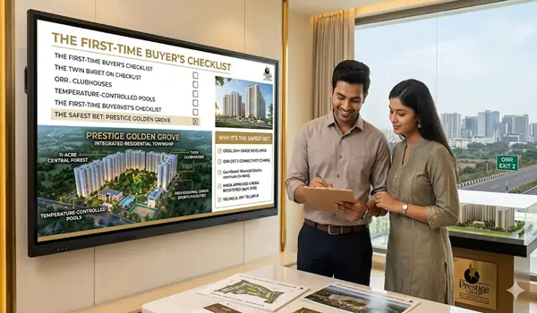 Prestige Golden Grove Velimela master plan 2026 for first time homebuyers showing 2.5 and 3 BHK apartment layouts RERA approved construction and 80 percent open green spaces Hyderabad