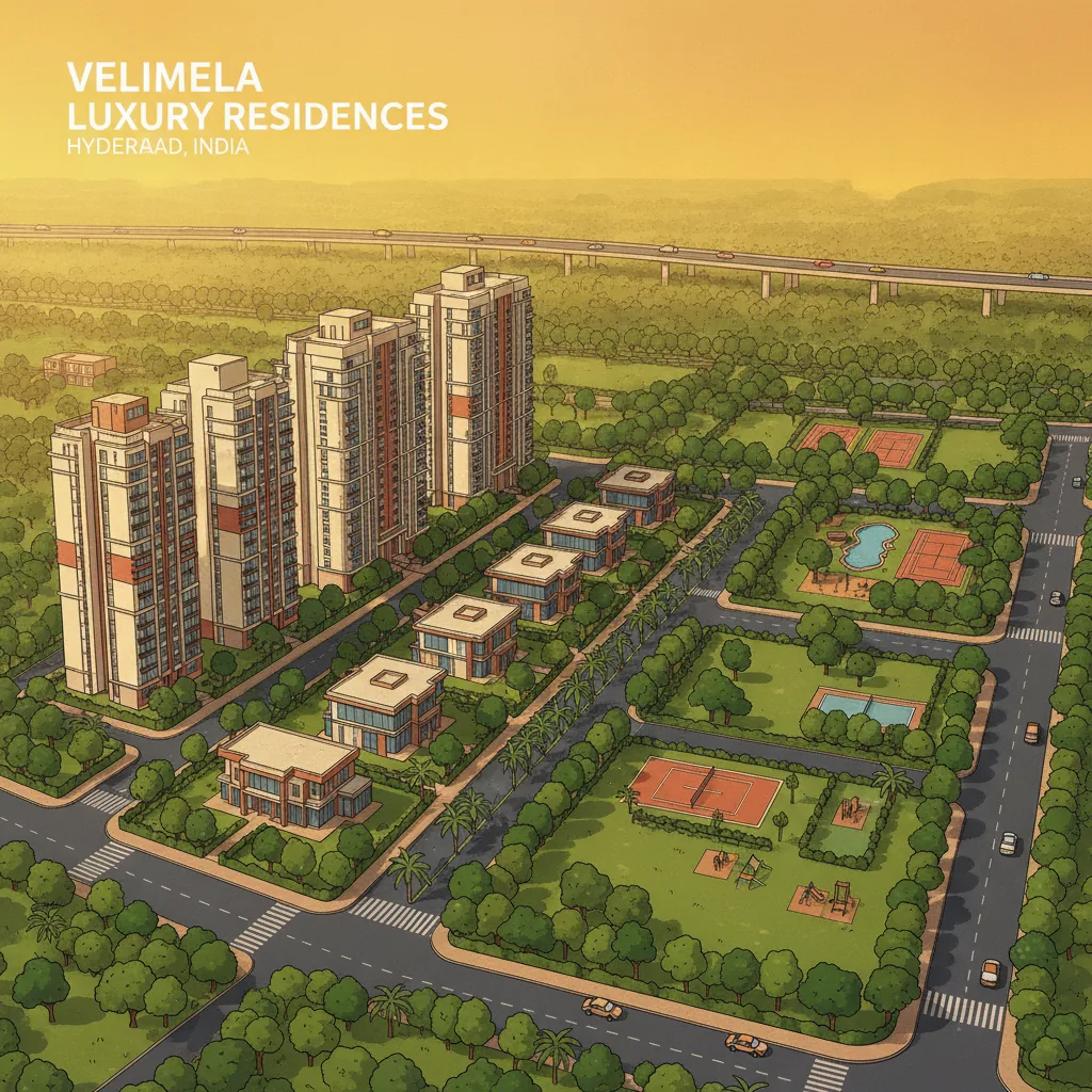 Modern luxury residential neighborhood in Velimela, Hyderabad featuring elegant high-rise apartments and premium villas