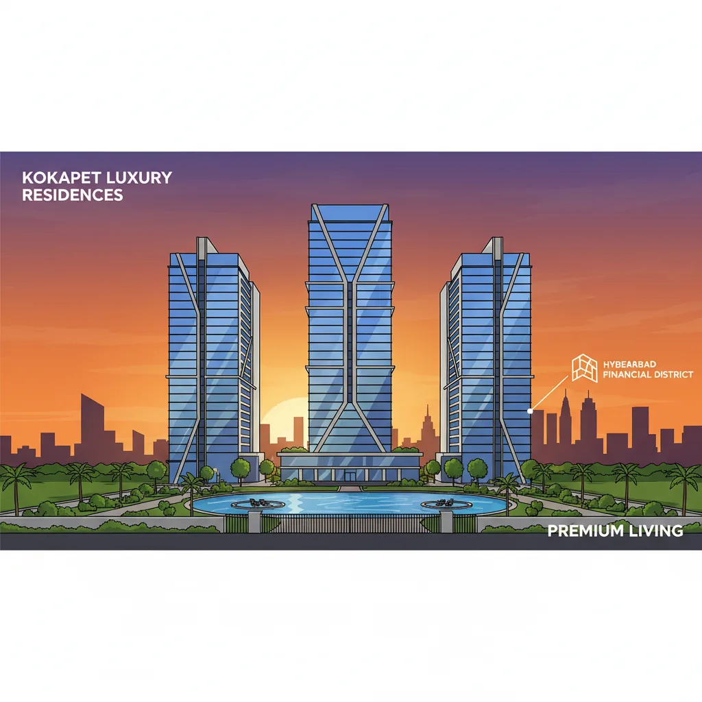 Modern luxury high-rise residential towers in Kokapet, Hyderabad at golden hour with glass skyscrapers and landscaped gardens