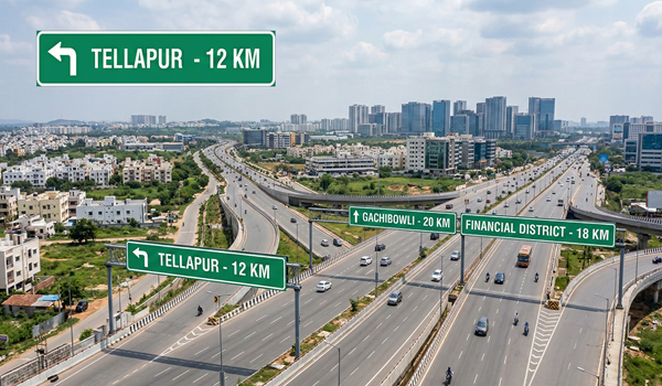 Kollur distance to Tellapur, Gachibowli and Financial District showing connectivity in West Hyderabad