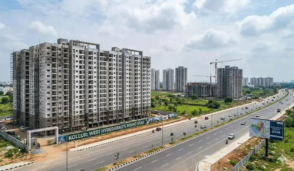 Architectural view of Prestige Golden Grove luxury apartments near the Neopolis Phase II expansion site in Hyderabad, 2026.Location map highlighting Kollur's strategic proximity to the Outer Ring Road (ORR) Exit 2 and the Financial District IT hubs.
