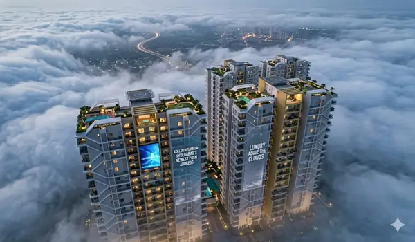 Luxury high-rise skyline of Kollur and Velimela Hyderabad 2026 featuring 50-plus floor premium apartments near Neopolis and ORR Exit 2 with 80 percent open green spaces