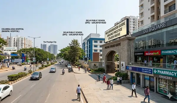 Prestige Golden Grove Tellapur neighbourhood map showing proximity to The Gaudium School Continental Hospitals and Financial District Hyderabad 2026.