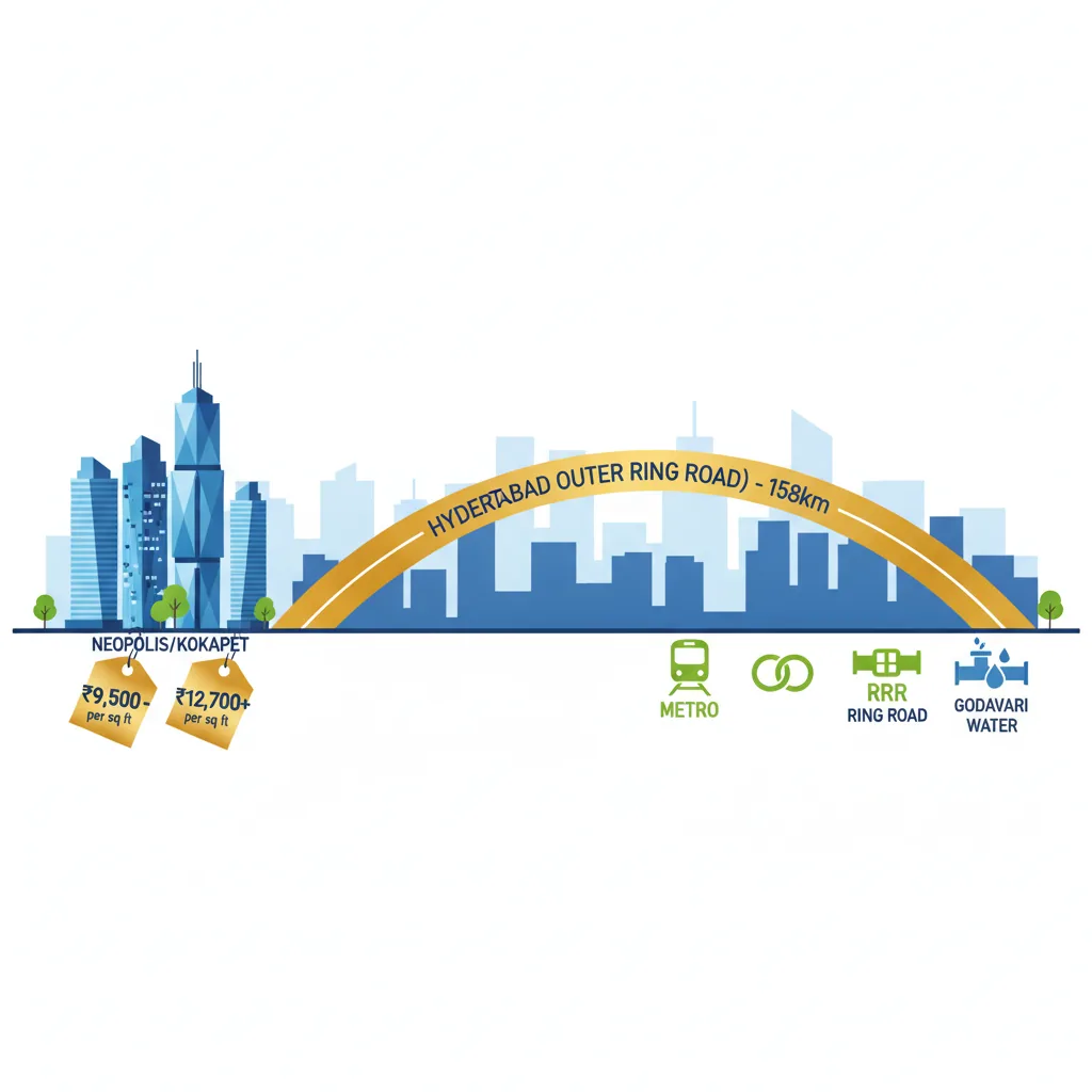 Modern infographic showing Hyderabad ORR with real estate zones and price tags
