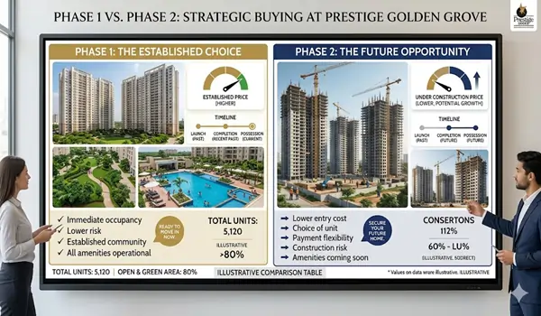 Comparison of Prestige Golden Grove Phase 1 and Phase 2 construction timelines 2026 showing price appreciation gaps RERA completion dates and early bird payment plans Hyderabad
