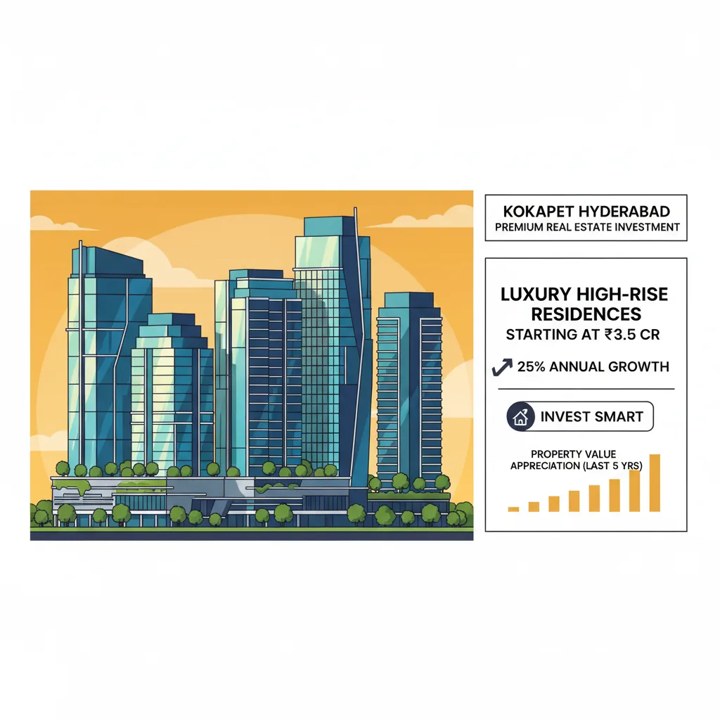 Modern luxury high-rise residential towers in Kokapet Hyderabad, premium real estate investment infographic style