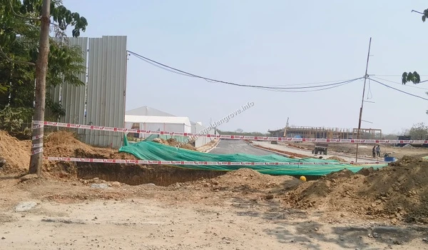 Detailed look at the safety barricades and boundary trenching work in progress on March 03 , 2026, ensuring structural readiness for Prestige Golden Grove near the strategic Nehru Outer Ring Road junction.