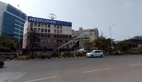View of the prominent Medicover Woman & Child Hospital building located within easy reach of Prestige Golden Grove, ensuring top-tier medical facilities for residents