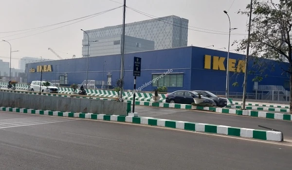 The iconic blue IKEA Hyderabad building in HITEC City, a major destination for home furnishing and lifestyle needs near Prestige Golden Grove
