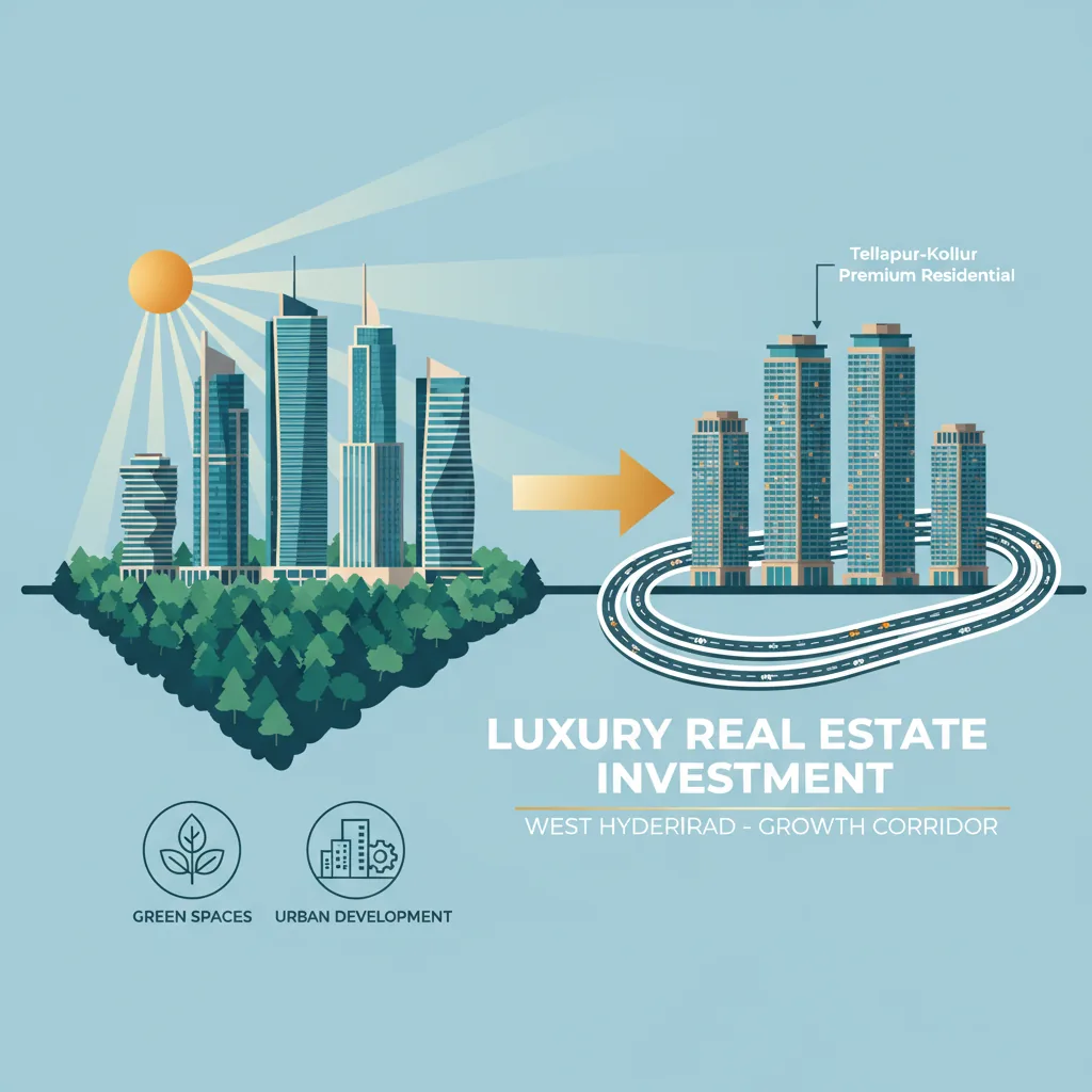 Prestige Golden Grove Investment - Luxury real estate infographic showing modern 52-story skyscrapers in West Hyderabad's Tellapur-Kollur area