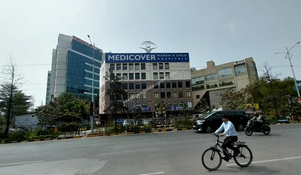 External facade of Medicover Woman and Child Hospital building showcasing premium healthcare infrastructure accessible to residents of Prestige Golden Grove in Hyderabad