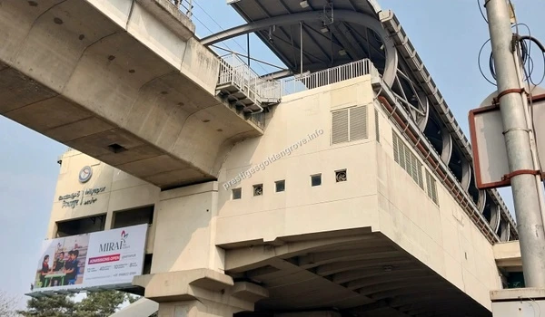 External architectural view of the Miyapur Metro Station showcasing the modern transit hub near Prestige Golden Grove