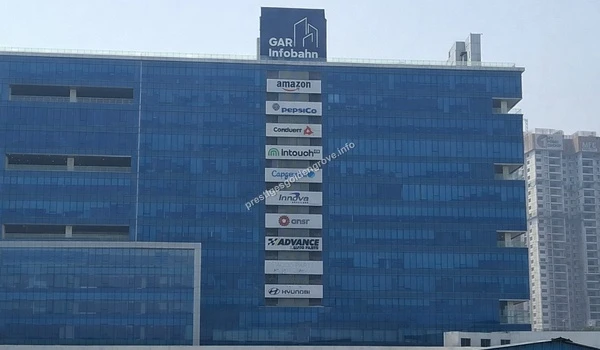 External facade of the GAR Infobahn complex housing multinational corporations like PepsiCo and Hyundai, highlighting the prime business locality near the Prestige Golden Grove site