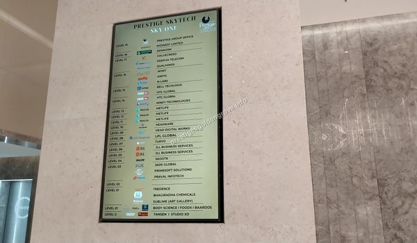 Official office directory at Prestige Skytech Sky One listing global companies like JLL, MetLife, and Hexaware near Prestige Golden Grove