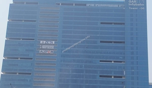 Close-up of GAR Infobahn displaying logos of top IT companies like Zeta, Cognizant, and Alstom near Prestige Golden Grove