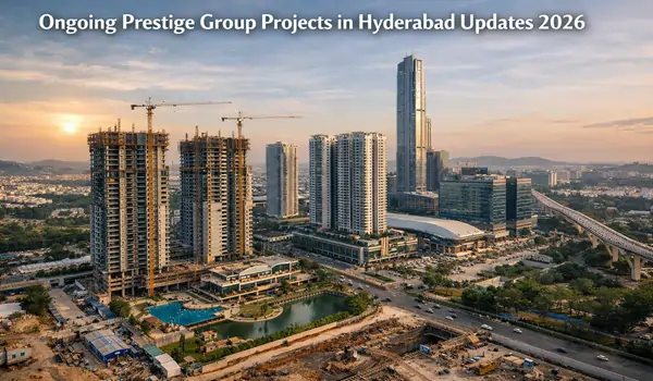 Ongoing construction progress of The Prestige City in Rajendra Nagar, Hyderabad, showing high-rise towers and integrated township development as of 2026.