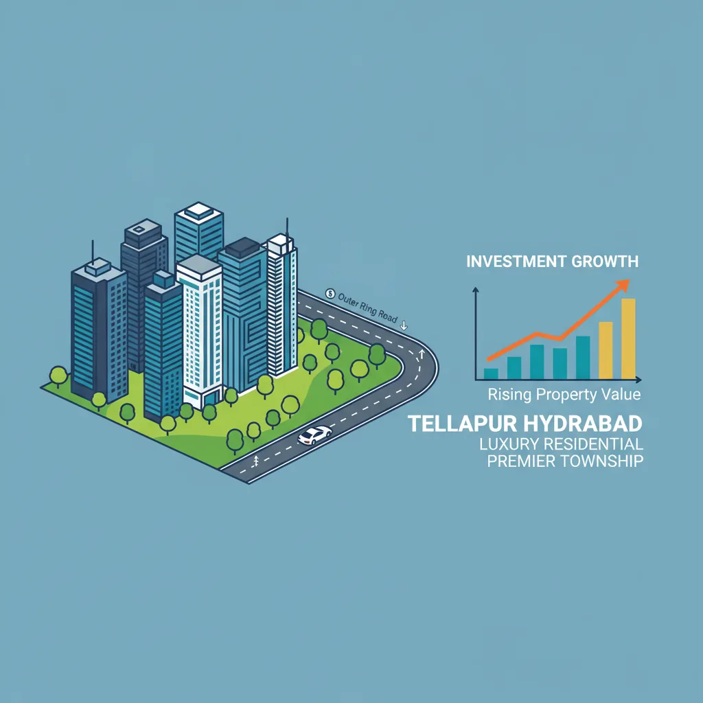 Premium real estate infographic showcasing Tellapur Hyderabad luxury residential township with high-rise towers, green landscapes, Outer Ring Road connectivity, and rising property value charts